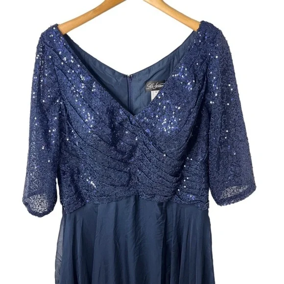 La Femme Chiffon and Sequin A Line Gown Faux Wrap 3/4 Sleeve Navy Blue Size 16 - Picture 3 of 10